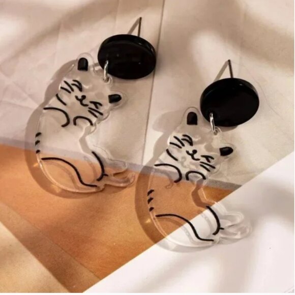 ⭐️❤️ FREE Cat Kitten Clear Chic Glam Animal Cute Girly Modern Hip Drop Earrings - Picture 7 of 9